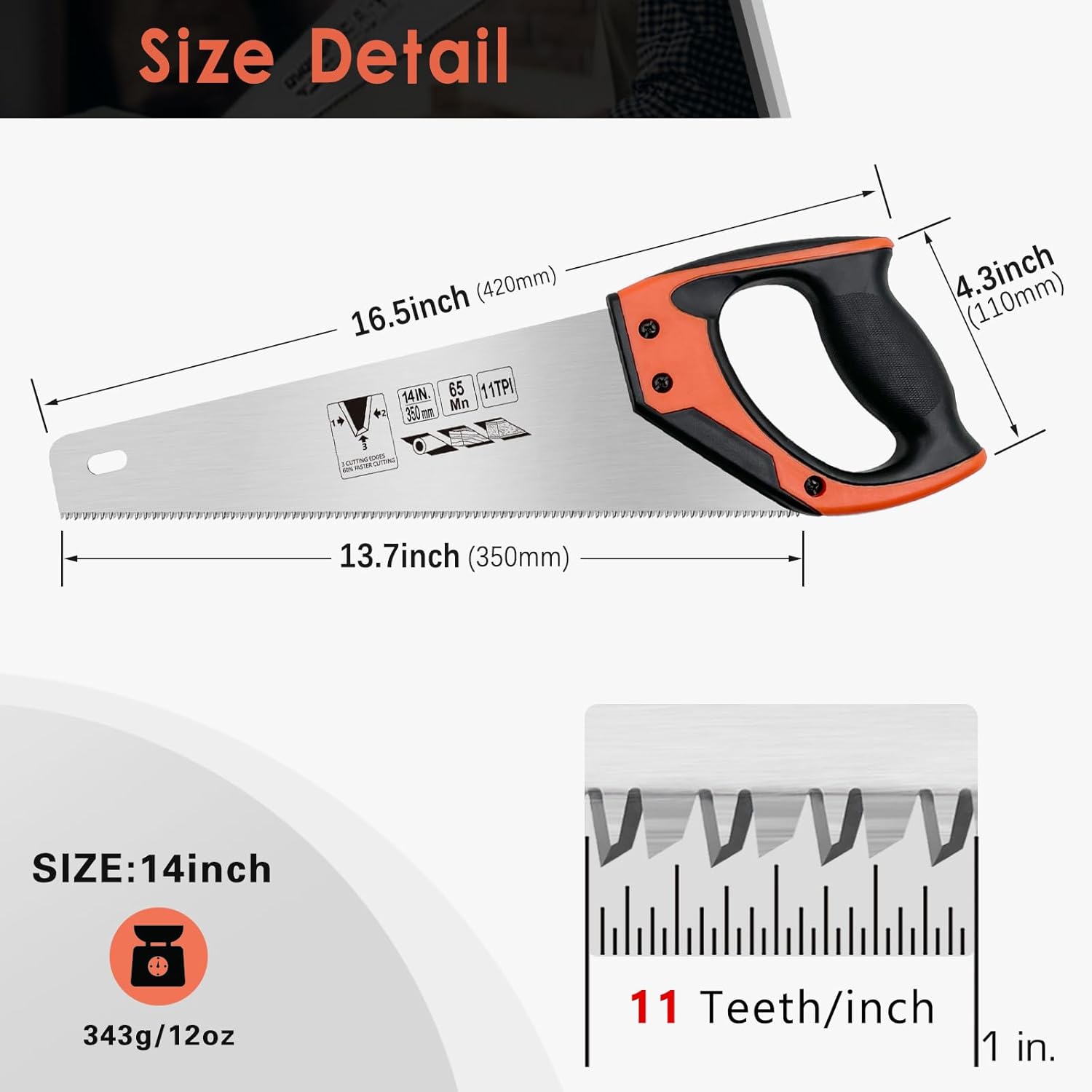 14 Inch Wood Hand Saw, 11 TPI Universal Handsaw Non-slip Ergonomic Handle Rustproof Wood Saw