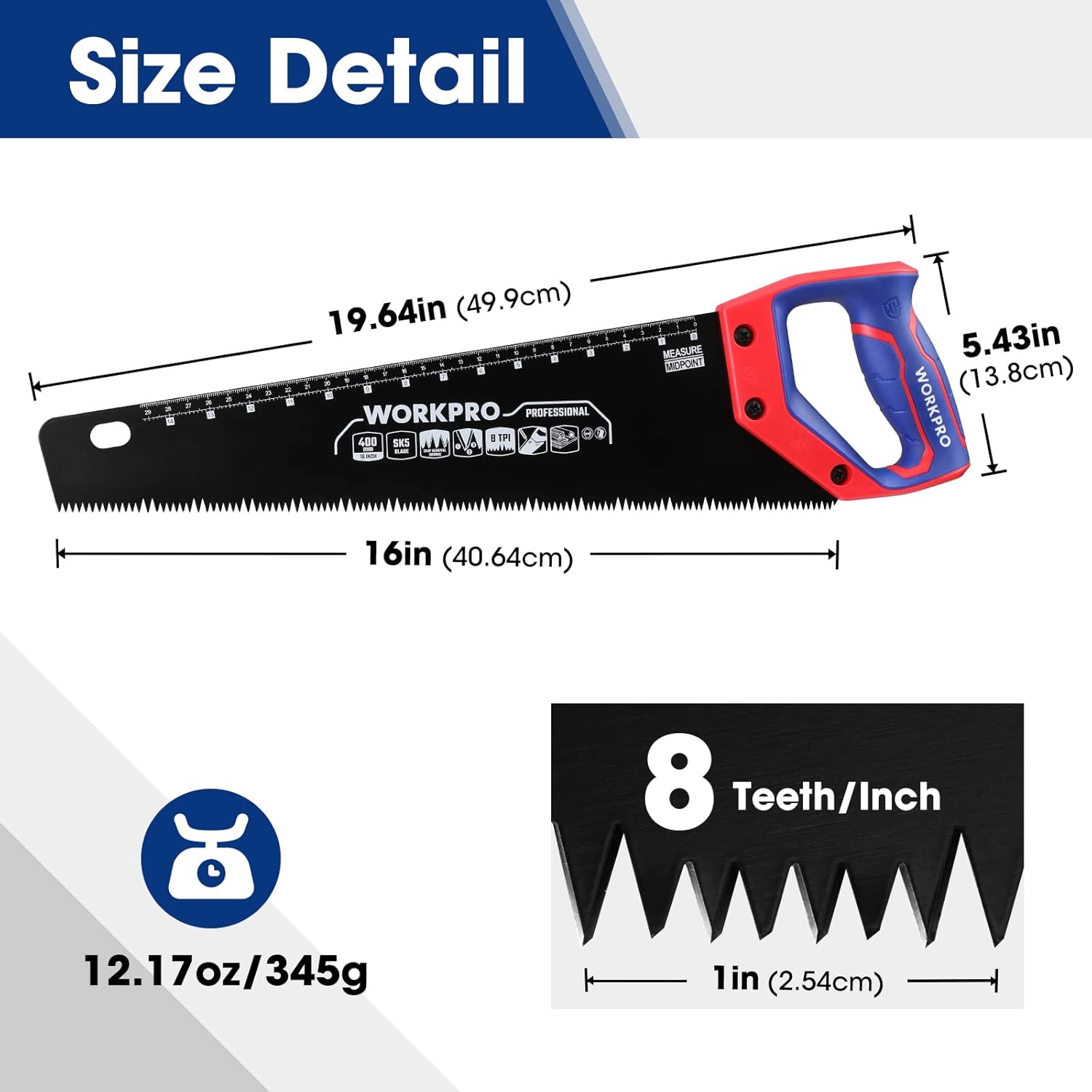WORKPRO Hand Saw, 16-Inch Universal Handsaw with Non-Slip Comfortable Handle, Anti-rust Wood Saw With Chip Removal Design, Heavy-Duty Hand Saw for Cutting Wood, Laminate, PVC