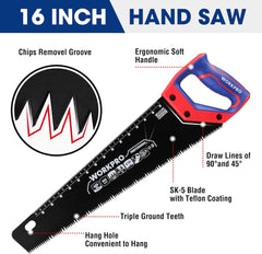WORKPRO Hand Saw, 16-Inch Universal Handsaw with Non-Slip Comfortable Handle, Anti-rust Wood Saw With Chip Removal Design, Heavy-Duty Hand Saw for Cutting Wood, Laminate, PVC