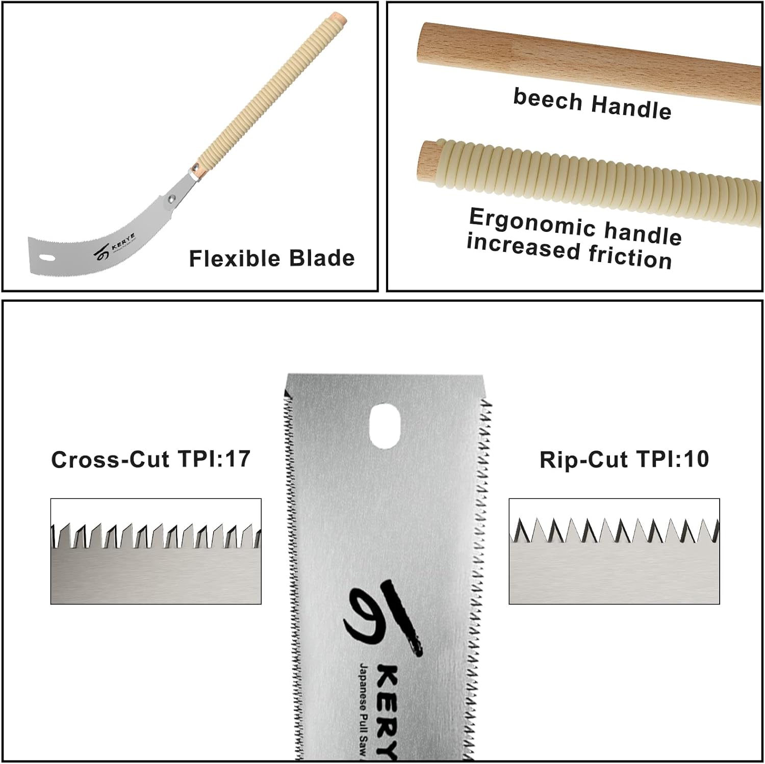 KERYE Japanese Pull Saw 9.5 Inch, Hand Saw with Double Edges of 10/17 TPI and Replaceable Blade, Ryoba Wood Cuttter, Sharp and Light Woodworking Tools Gifts for Men and Women-KY01