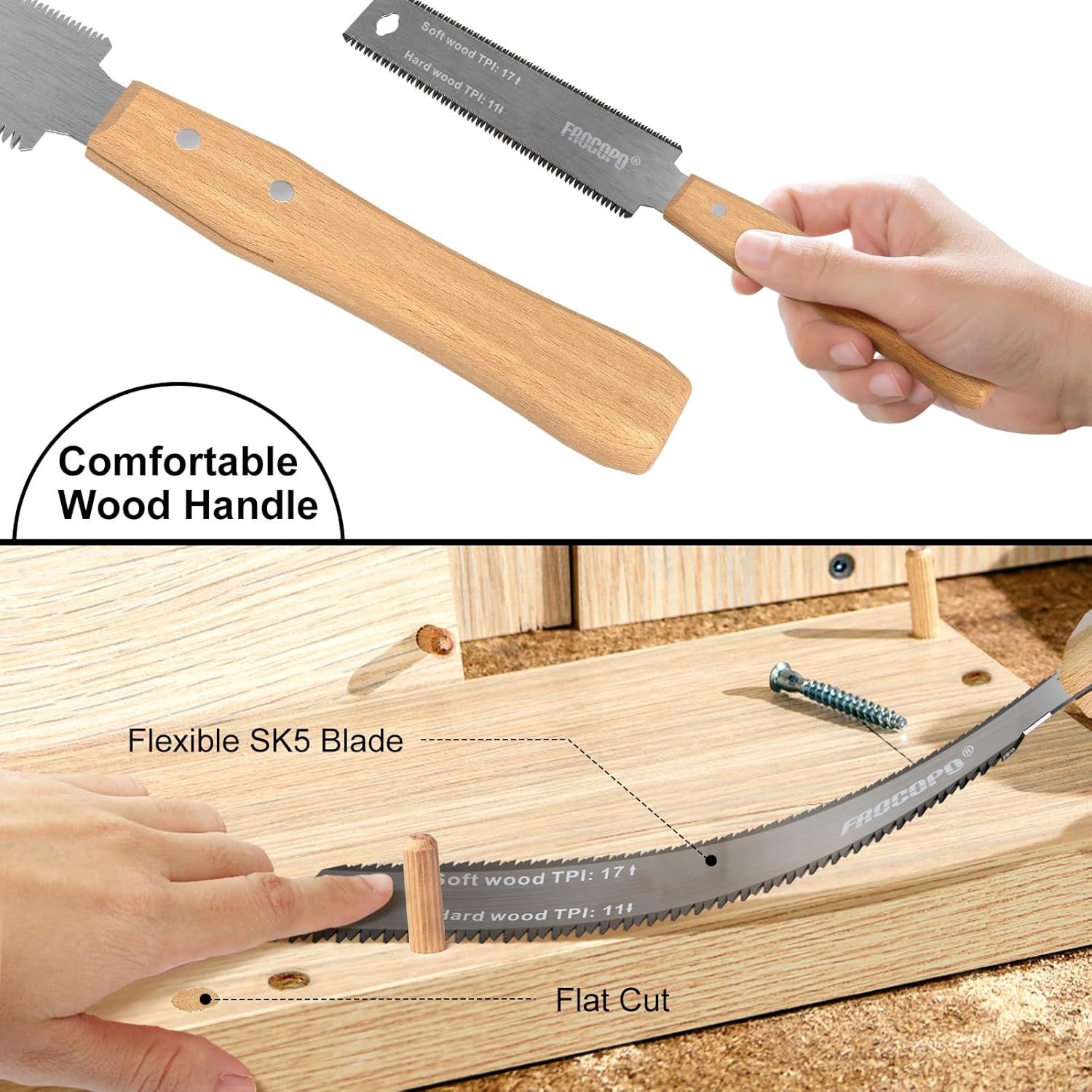 Hand Saw Woodworking Tools, 6-Inch Pull Saw, Flexible Double-Edge Blade 17/11 TPI, Japanese Flush Cut for DIY Craft, Non-Slip Wood Handle, Sharp & Lightweight for Woodworking and Garden Trim