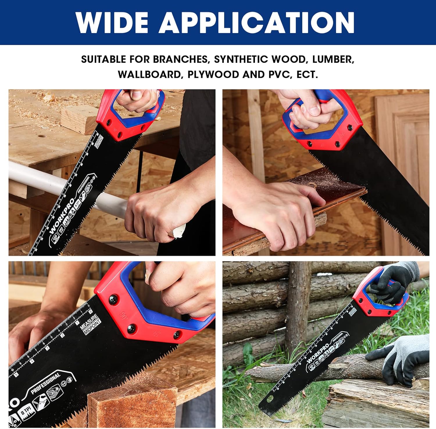 WORKPRO Hand Saw, 16-Inch Universal Handsaw with Non-Slip Comfortable Handle, Anti-rust Wood Saw With Chip Removal Design, Heavy-Duty Hand Saw for Cutting Wood, Laminate, PVC