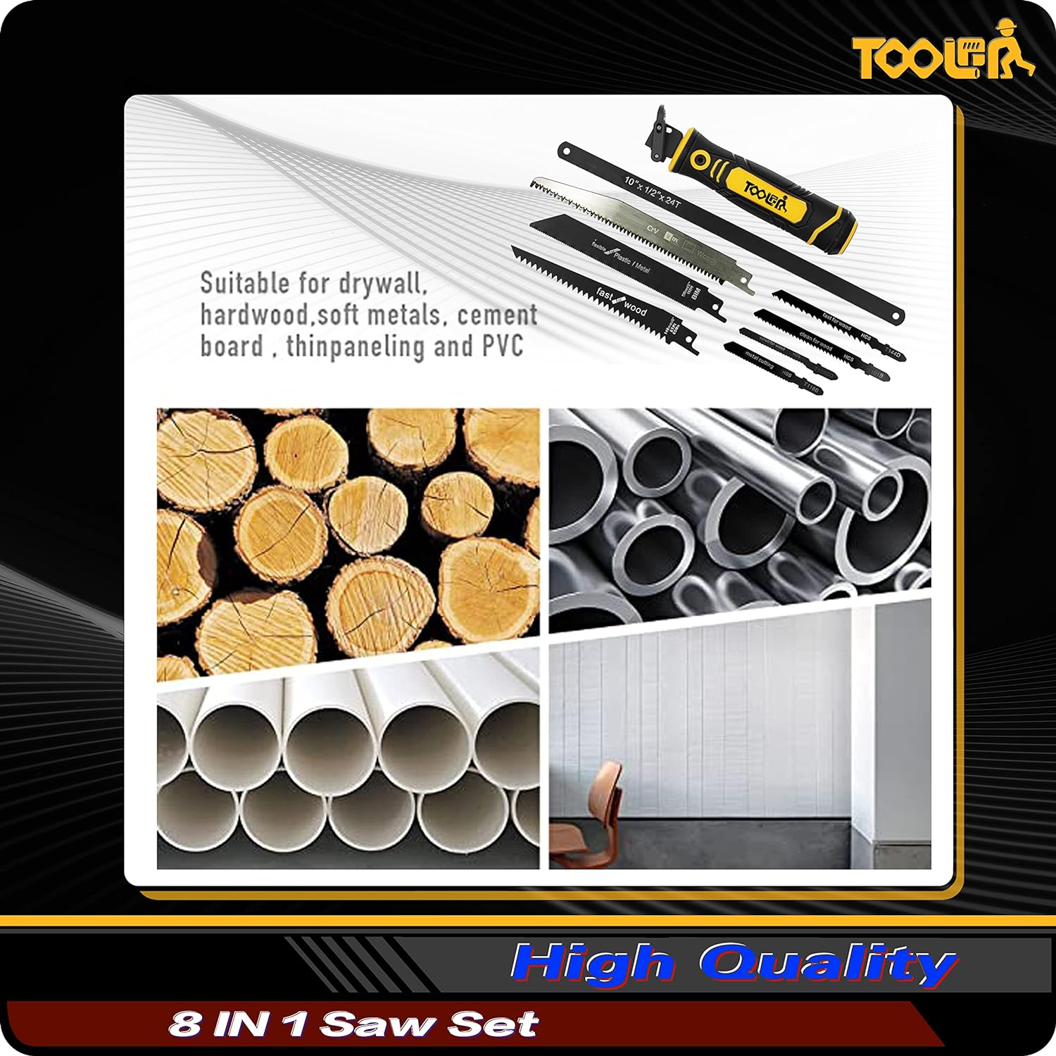 8-In-1 Multi Blades Hand Saw, Drywall Cutter Saw. Hacksaw. Long Blade Hand Saw, Jab Saw, For Cutting Drywall, Sheetrock, Wood, Metel, Plastic, Plywood. Blade Quick Change Mechanism.